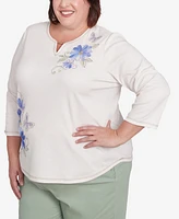 Alfred Dunner Plus Santa Fe Asymmetric Butterfly Floral Embroidered Top