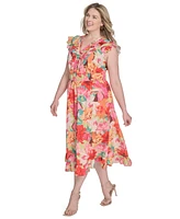 Vince Camuto Plus Printed Ruffle Flutter-Sleeve Tiered Midi Dress