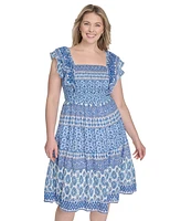 Eliza J Plus Printed Square-Neck Cap-Sleeve Dress