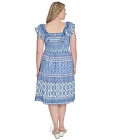 Eliza J Plus Printed Square-Neck Cap-Sleeve Dress