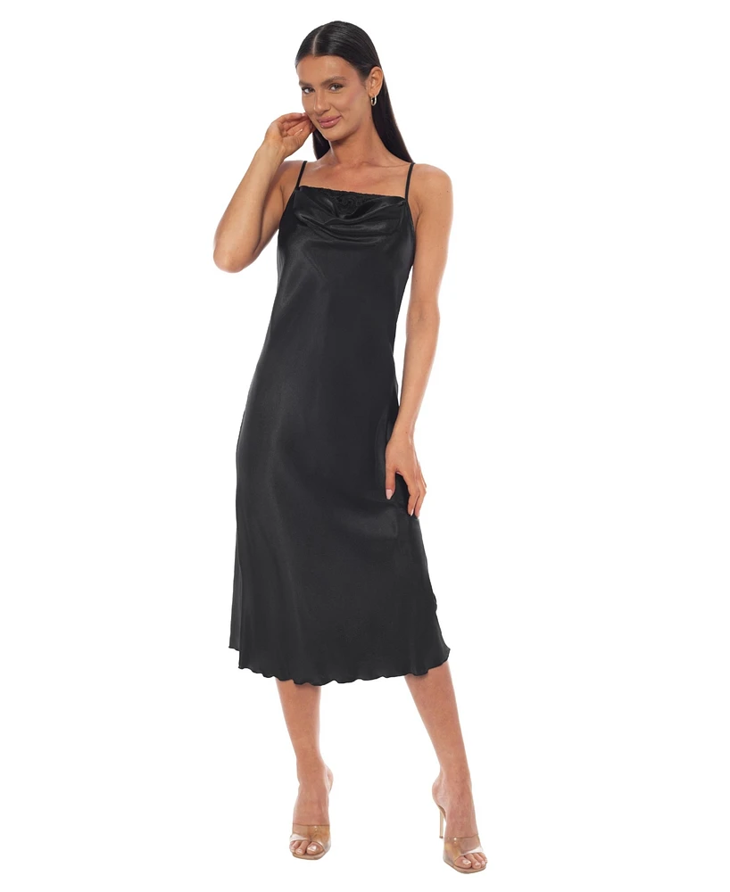 Bebe Women's Satin Slip Midi Dress with Lace Insert