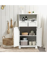 Gymax Bathroom Floor Cabinet Wooden Storage Organizer Side Cabinet W/2 Drawer 2 Doors