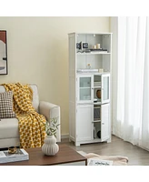 Gymax Bathroom Tall Storage Cabinet Linen Tower w/ Glass Door & Adjustable Shelf Grey