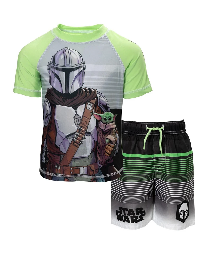 Star Wars Boys The Mandalorian Pullover Rash Guard and Swim Trunks Outfit Set