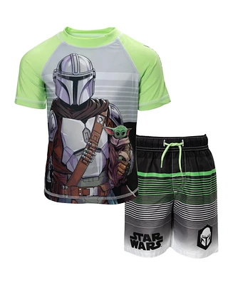 Star Wars Boys The Mandalorian Pullover Rash Guard and Swim Trunks Outfit Set