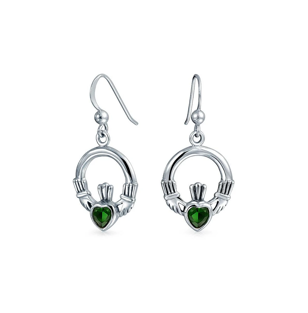 Bling Jewelry Friendship Bff Green Emerald Red Garnet Cz Heart Claddagh Dangle Chandelier Earrings