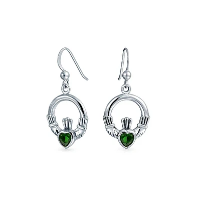 Bling Jewelry Friendship Bff Green Emerald Red Garnet Cz Heart Claddagh Dangle Chandelier Earrings