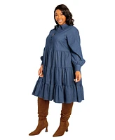 Buxom Couture Plus Denim Long Sleeve Tiered Shirt Dress