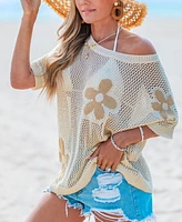 Cupshe Women's Fresh Florals Short Sleeve Knit Cover-Up Top