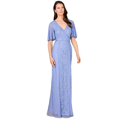 Lara Women's V-Neck, Cape Sleeve Beaded Gown