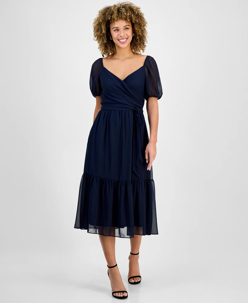 julia jordan Women's Puff-Sleeve Belted Midi Dress