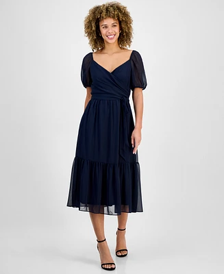 julia jordan Women's Puff-Sleeve Belted Midi Dress