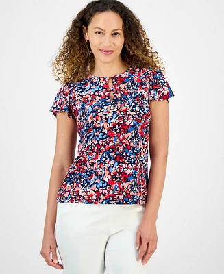 Jones New York Petite Floral-Print Keyhole-Neckline Top