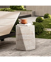 LuxenHome Outdoor Accent Side Table, 18'' Travertine-Style Irregular Textured Cement Patio End Table