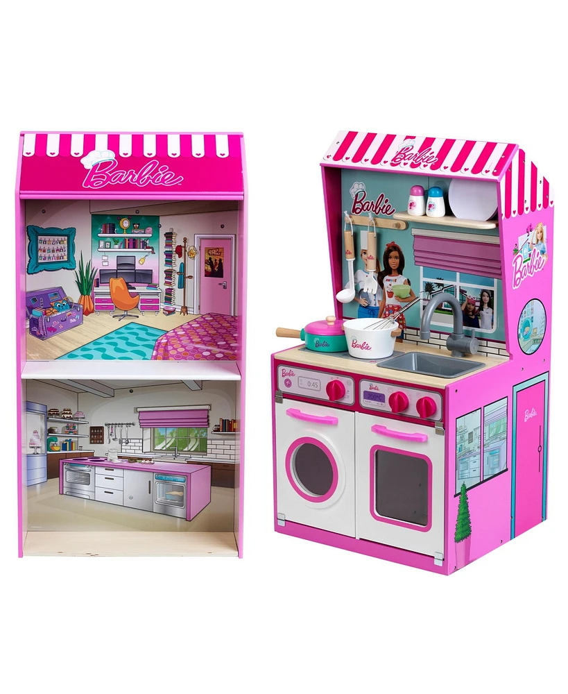 Theo Klein 2 In 1 Barbie Wooden and Metal Toy Kitchen and Dollhouse with Pretend Washing Machine and Oven for Kids Ages 3 and Up