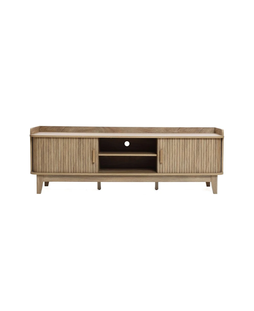 LuxenHome Mid-Century Modern Tambour-Style 2-Door 63-Inch Wide Tv Stand with Tray Top, Oak