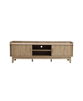 LuxenHome Mid-Century Modern Tambour-Style 2-Door 63-Inch Wide Tv Stand with Tray Top, Oak