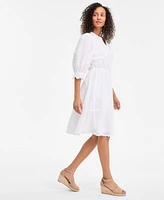 Style & Co Women's 3/4 Sleeve Eyelet Cotton Dress, Exclusively at Macy's