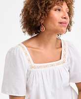 Style & Co Women's Cotton Gauze Embroidered-Trim Square-Neck Midi Dress, Exclusively at Macy's