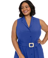 London Times Plus Notched Collar Belted Maxi Shirtdress