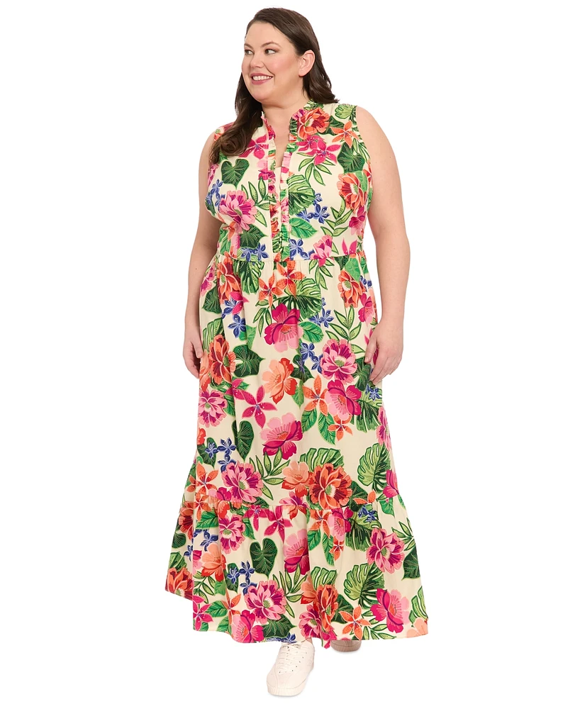 London Times Plus Ruffled-Trim Tiered Maxi Dress
