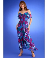 London Times Petite Printed Cold-Shoulder Ruffle Chiffon Dress