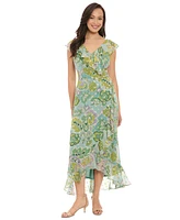 London Times Petite Faux-Wrap Ruffle-Trim Midi Dress