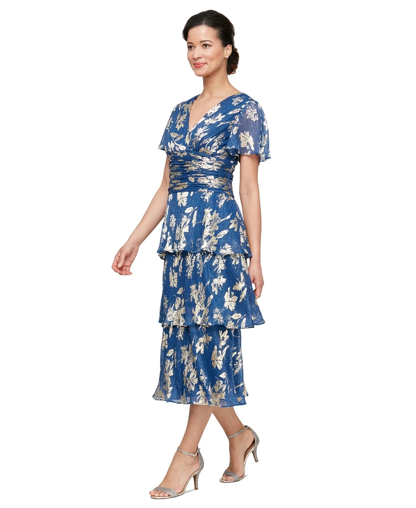 Sl Fashions Women's Floral Surplice-Neck Tiered Dress