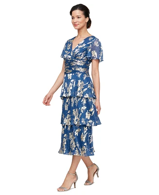 Sl Fashions Women's Floral Surplice-Neck Tiered Dress