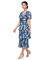 Sl Fashions Women's Floral Surplice-Neck Tiered Dress