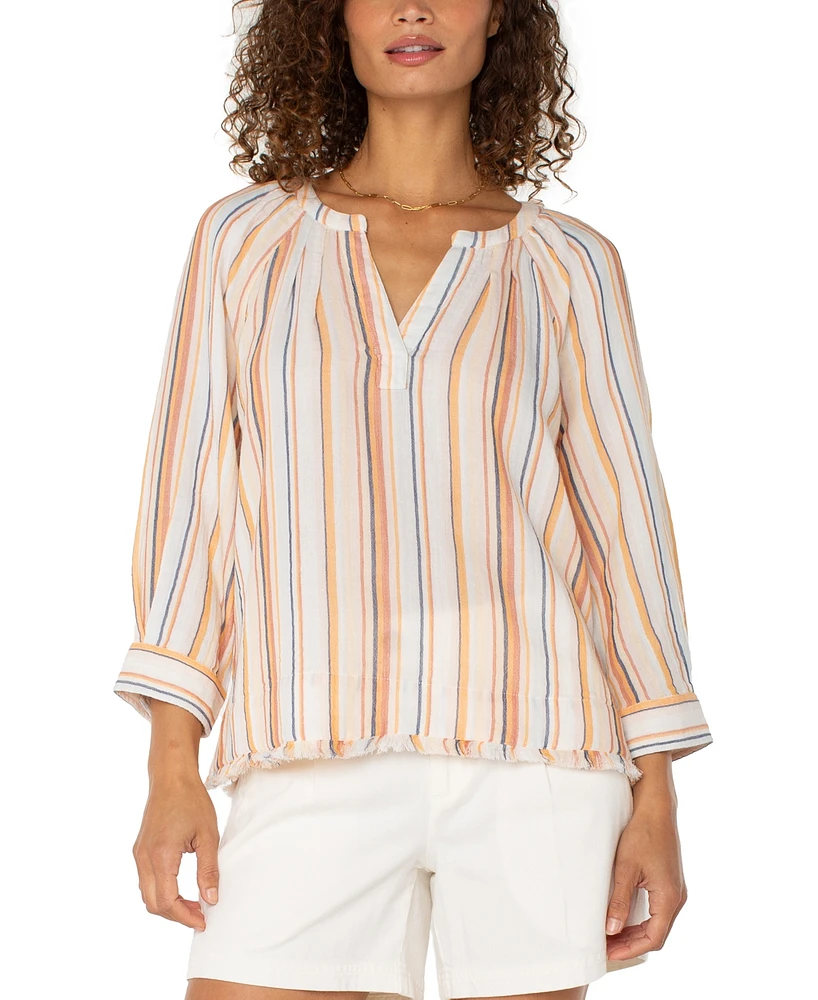 Liverpool Los Angeles Women's Cotton Striped Frayed-Hem Popover Top