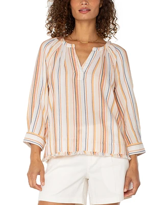 Liverpool Los Angeles Women's Cotton Striped Frayed-Hem Popover Top