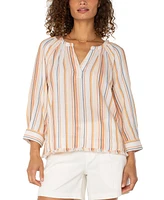 Liverpool Los Angeles Women's Cotton Striped Frayed-Hem Popover Top