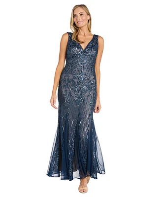R & M Richards Women's Beaded Godet-Mesh V-Neck Gown