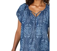 Liverpool Los Angeles Women's Chambray Ikat Split-Neck Top