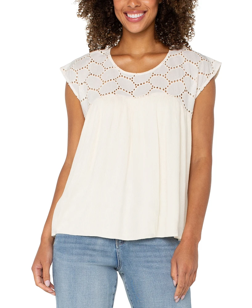 Liverpool Los Angeles Women's Cotton Eyelet-Yoke Gauze Top