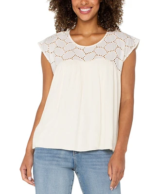 Liverpool Los Angeles Women's Cotton Eyelet-Yoke Gauze Top