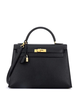 Pre-Owned Hermes Kelly 32 Handbag Black Ardennes with Gold Hardware