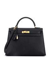 Pre-Owned Hermes Kelly 32 Handbag Black Ardennes with Gold Hardware