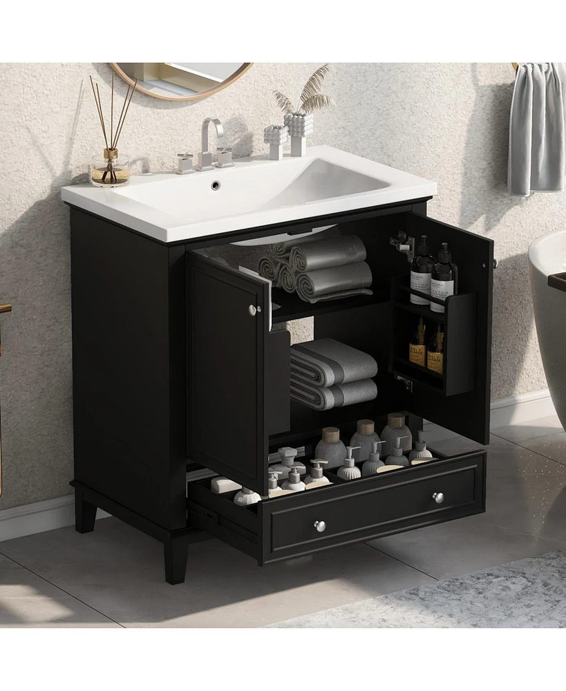 30" Black Bathroom Vanity Combo: Sink, Cabinet, Doors, Drawer
