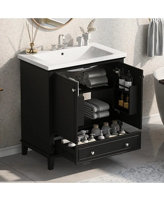 30" Black Bathroom Vanity Combo: Sink, Cabinet, Doors, Drawer