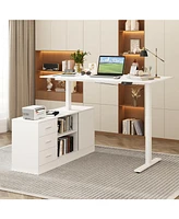 63 in. Width L-Shape Black Wooden 3-Drawer Computer Desk with Adjustable Height, Open Shelves & A Door Storage Cabinet