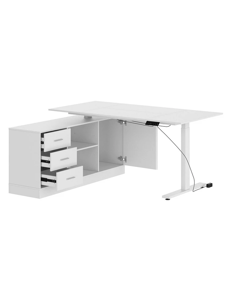 63 in. Width L-Shape Black Wooden 3-Drawer Computer Desk with Adjustable Height, Open Shelves & A Door Storage Cabinet
