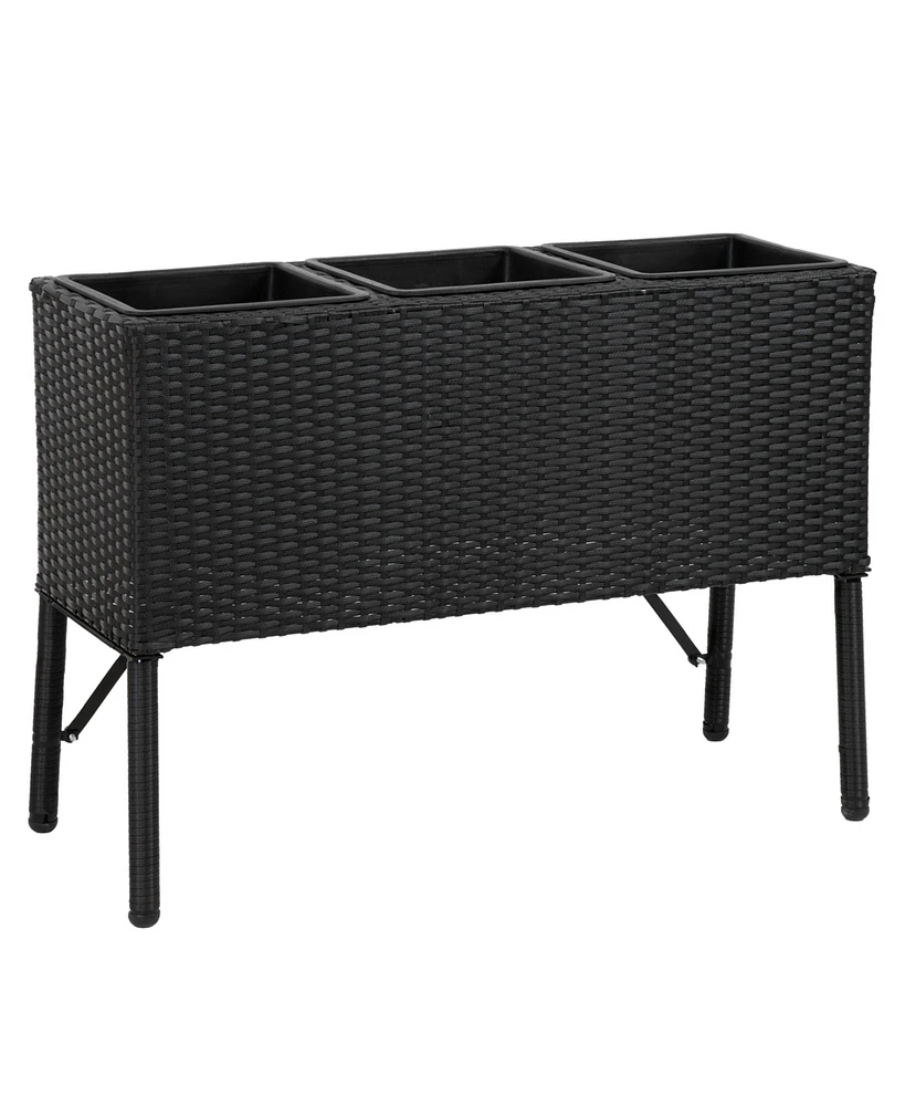 3-Section Wicker Raised Planter Box - 3 Removable Plastic Inserts - Above Ground Raised Garden Bed with Legs - 30.75" W x 11.75" D x 22" H