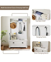 Modern Hall Tree with Shoe Rack, Coat Hooks, and Open Shelves - 40" W x 64" H