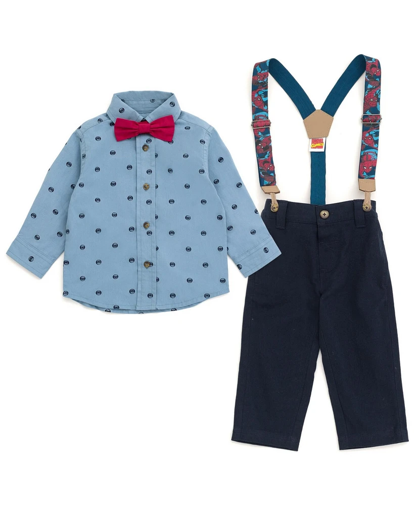 Avengers Baby Boys Marvel Spider-Man Button Down Shirt Twill Pants Suspenders and Bow-Tie 4 Piece Outfit Set to