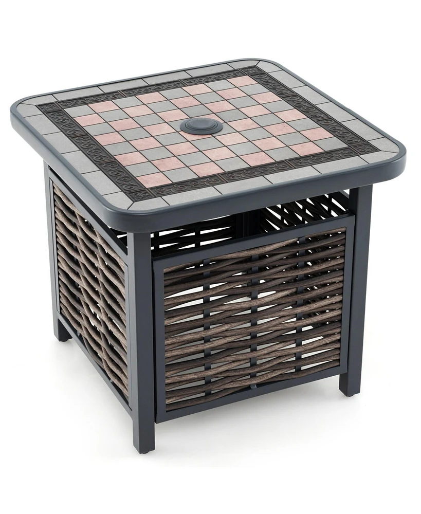 Outdoor Pe Rattan Side Table Square End Table with Umbrella Hole