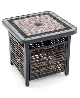 Outdoor Pe Rattan Side Table Square End Table with Umbrella Hole