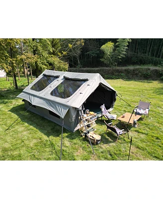 9.8' x 13' Air Glamping Tent: Easy Setup, Waterproof, 4-Season with Hand Pump, Mesh & Chimney (Army Green