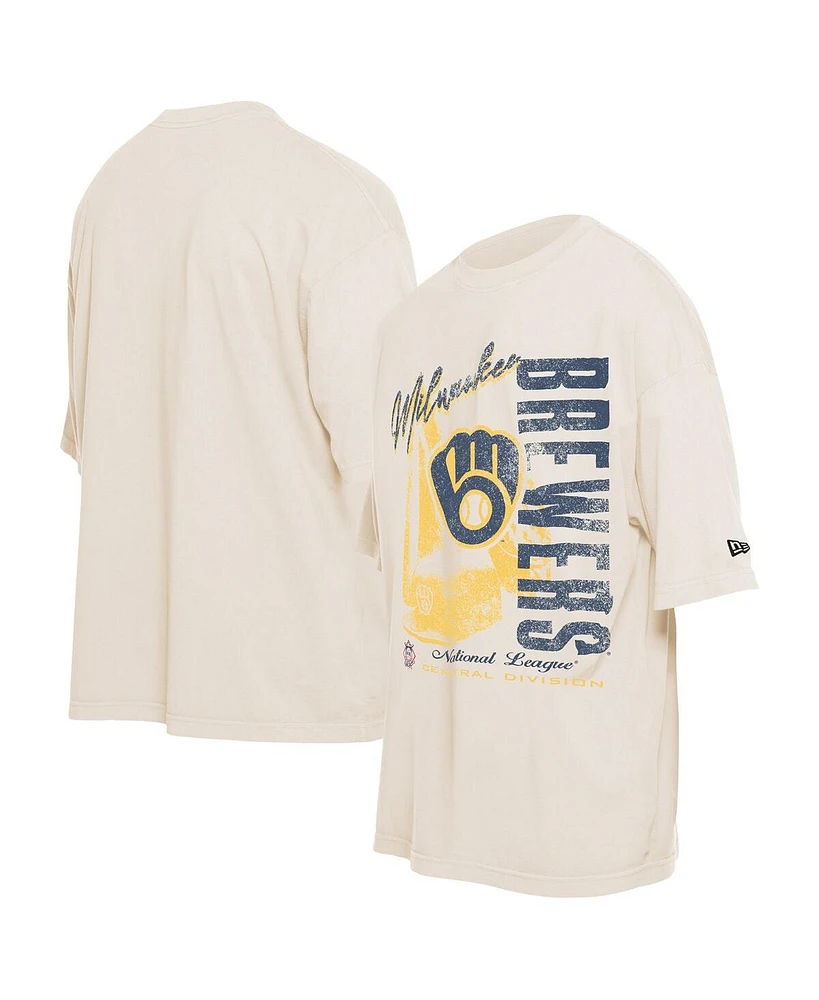 New Era Men's Cream Milwaukee Brewers Cooperstown Collection Oversized Throwback Distressed T-Shirt